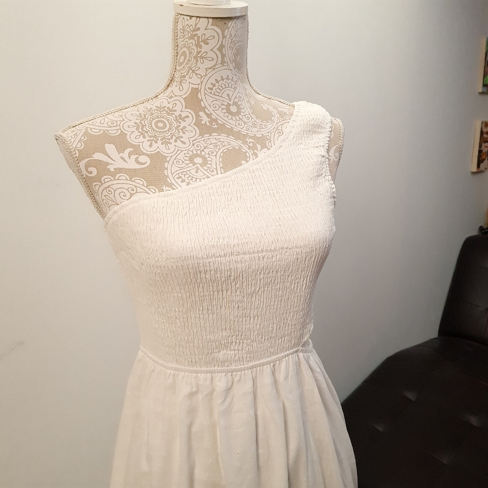 One Shoulder Smocked Cutout Waist Sundress Flowy A-Line Dress White Women Size S - Picture 7 of 17